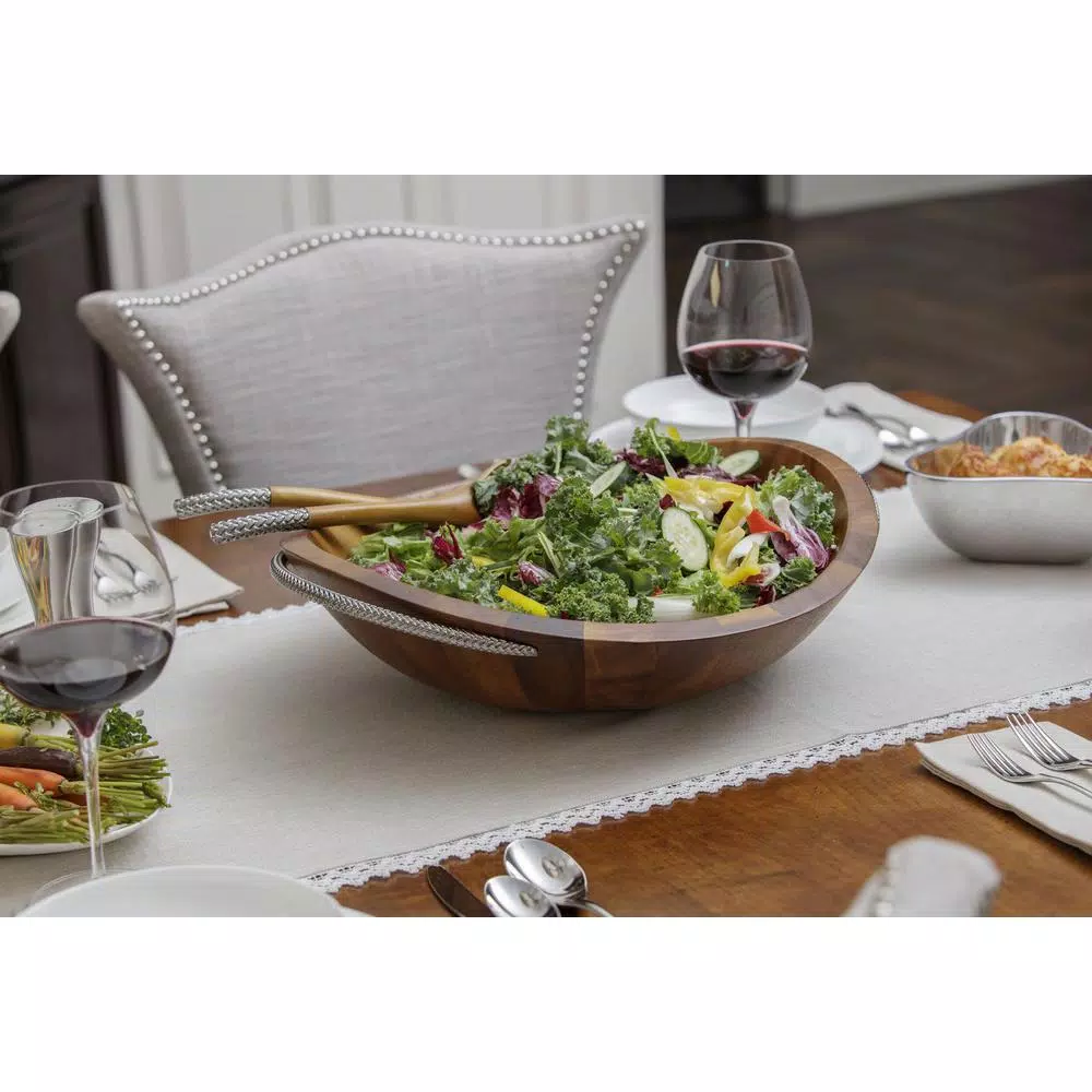 Nambe 20 in. Braid Acacia Wood Salad Bowl with Chrome Accented Servers, 32 oz.