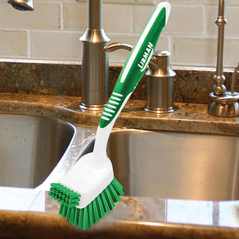 Libman Big Job Kitchen Brush with Ergonomic Rubber Grip, Non-Scratch Recycled PET Bristles