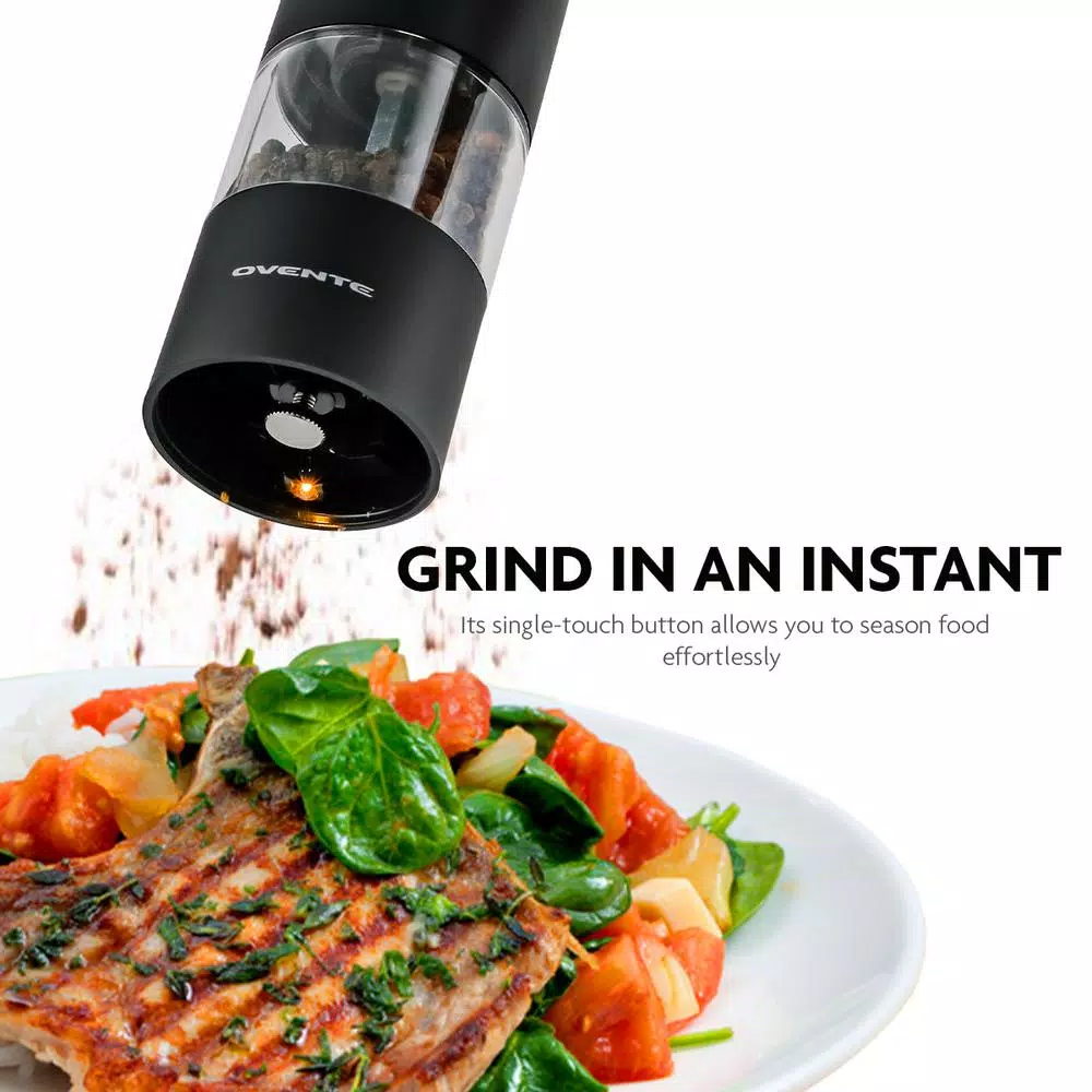 Ovente Electric Salt and Pepper Grinder Set, Battery Operated, Adjustable Coarseness, Black and White