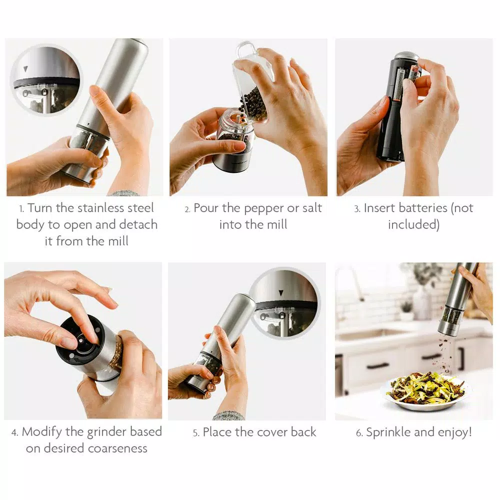 Ovente Electric Salt and Pepper Grinder Set, Stainless Steel with Ceramic Blades, Battery Operated
