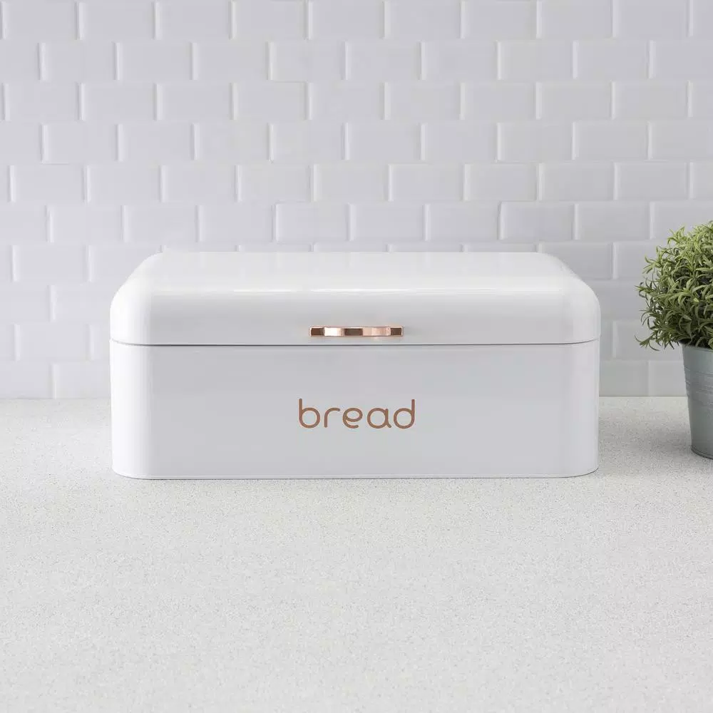 Home Basics White Grove Modern Bread Box with Rose Gold Handle - Stainless Steel Kitchen Storage