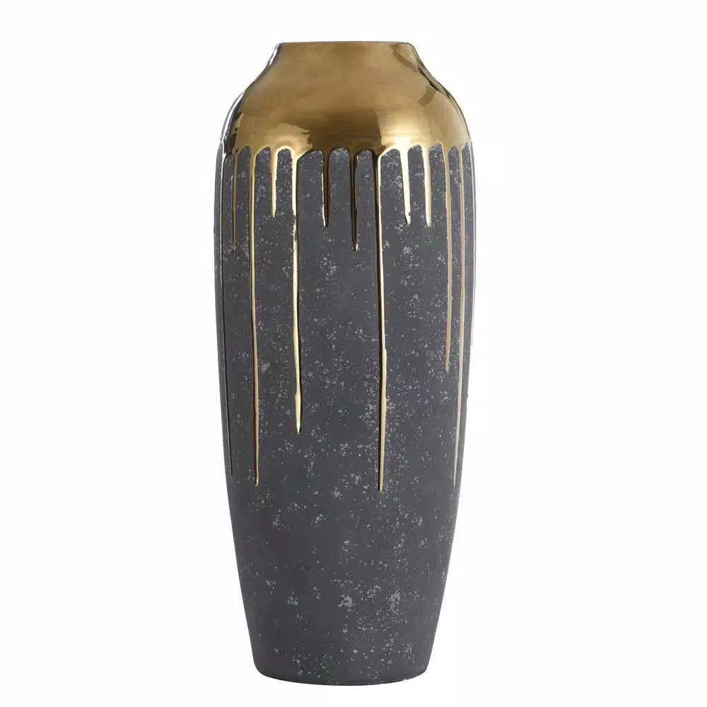 StyleCraft Marloe Charcoal and Gold Ceramic Table Vase, Contemporary Urn Shape