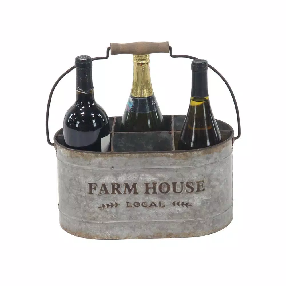 LITTON LANE Distressed Silver Iron 6-Bottle Oval Wine Caddy with Fir Wood Handle