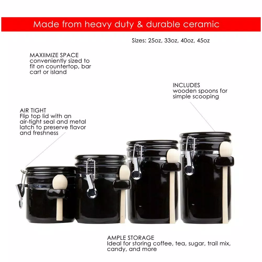 Unbranded 4-Piece Black Ceramic Canister Set with Wooden Spoons - Airtight Kitchen Storage Containers