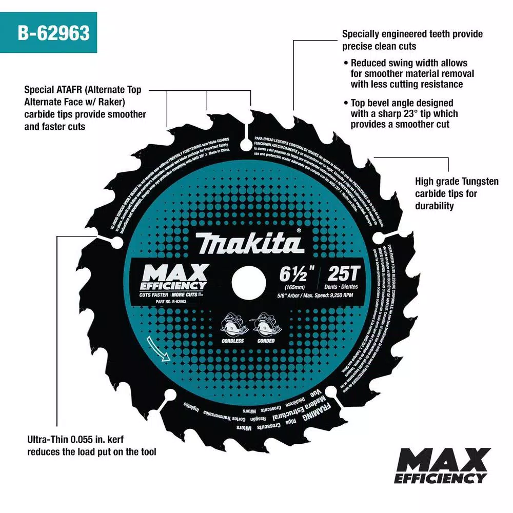 Makita 6-1/2 in. 25T Carbide-Tipped Ultra-Thin Kerf Circular Saw Blade for Cordless Saws