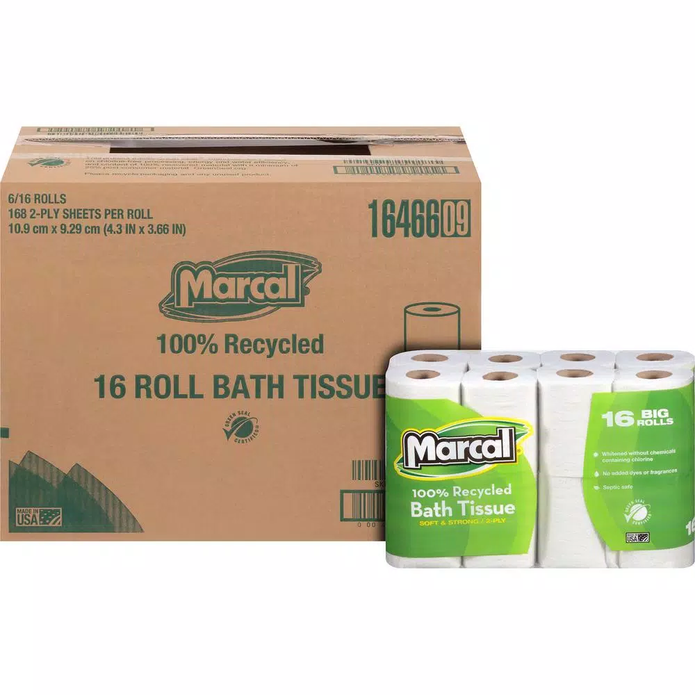 Marcal 100% Recycled 2-Ply Toilet Tissue, Soft & Absorbent, 168 Sheets Per Roll, 16 Rolls Pack