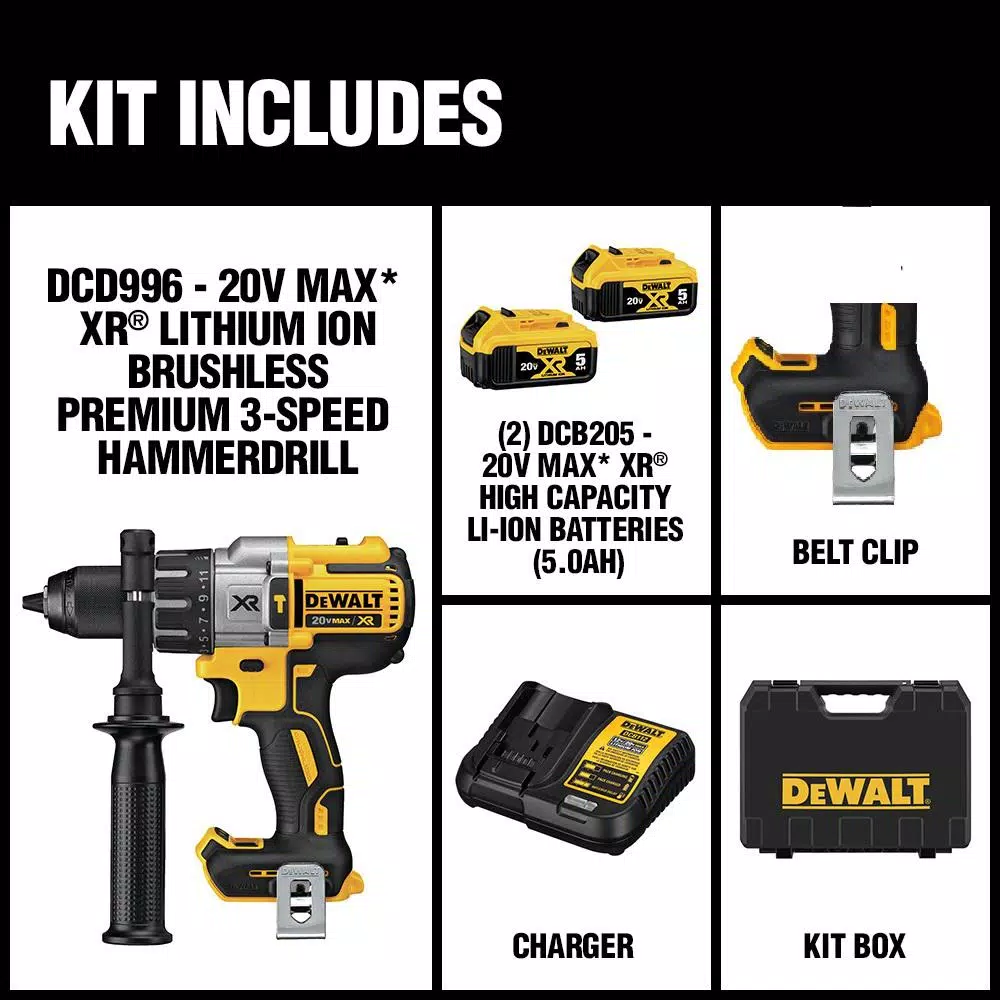 DEWALT 20V MAX XR Brushless 1/2 in. Hammer Drill Kit with (2) 5 Ah Batteries & Charger