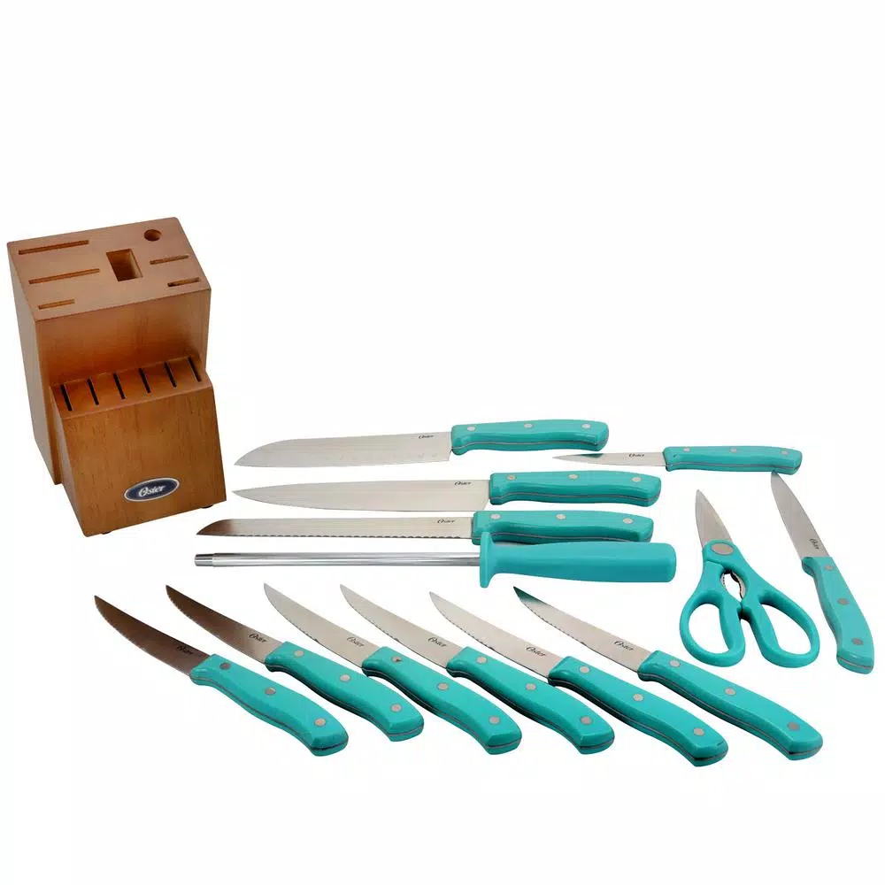 Oster Evansville 14-Piece Stainless Steel Knife Set with Rubberwood Block