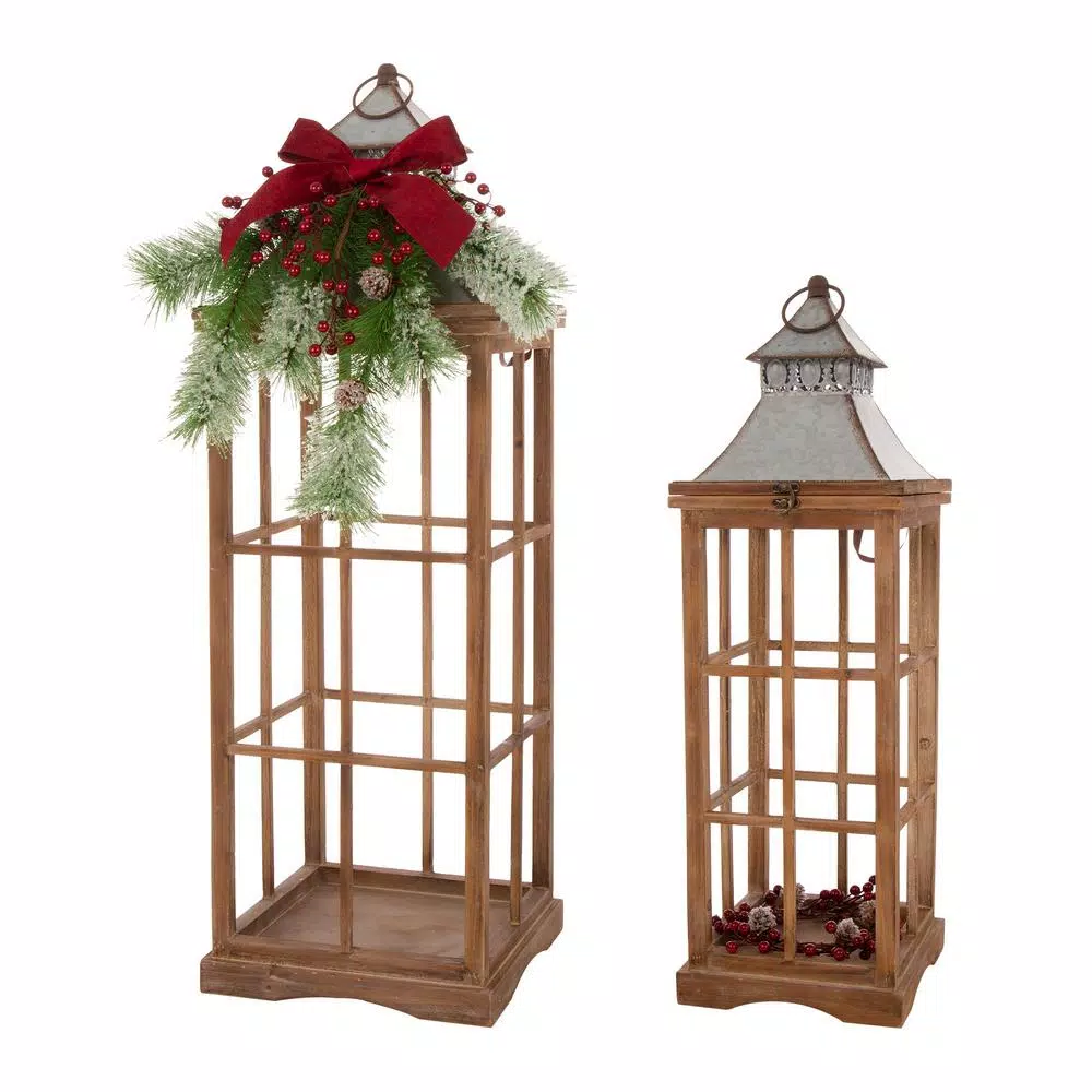 Glitzhome Brown Christmas Farmhouse Wood and Metal Lantern Set of 2