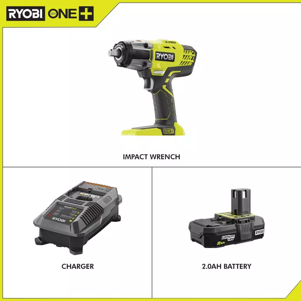 RYOBI 18V ONE+ 1/2 in. Cordless 3-Speed Impact Wrench Kit with 2.0 Ah Battery and Charger