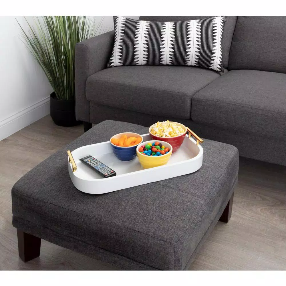Kate and Laurel Lipton White Decorative Wood Tray with Gold Metal Handles