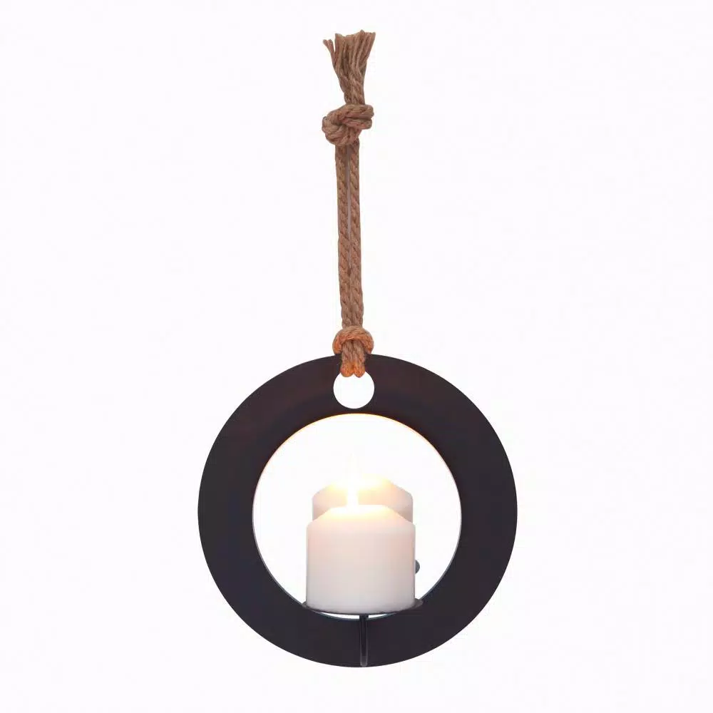 DANYA B Algarve Black Round Pillar Candle Sconce with Mirror and Rope