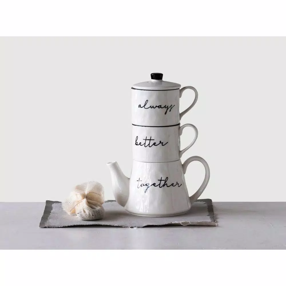 3R Studios White Stoneware Stackable Teapot and 2 Mugs Set, 18 oz.