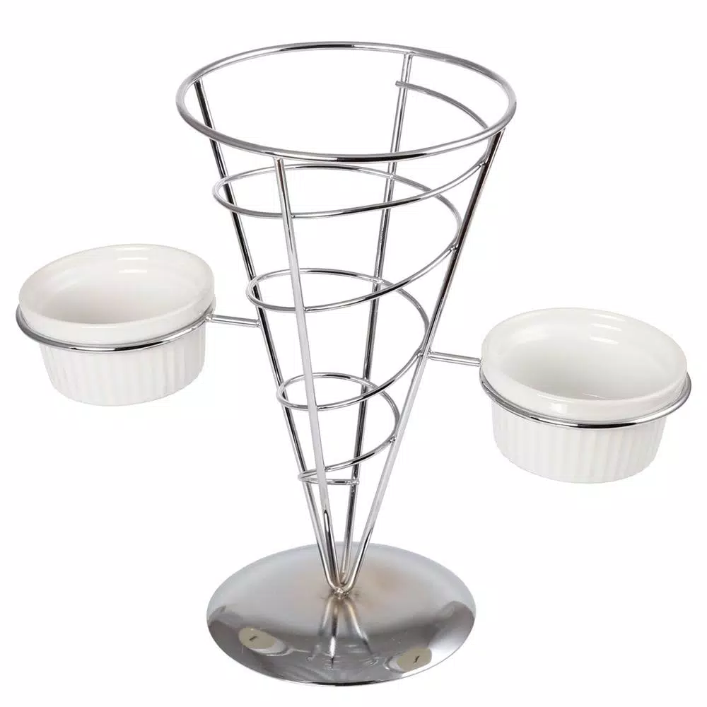 Creative Home Chrome Iron Wire French Fry Serving Set with Single Cone Holder and 2 Ceramic Ramekins