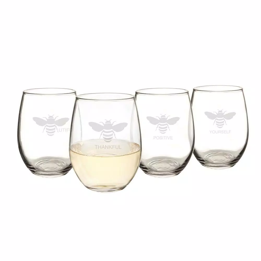 Cathy's Concepts Bee Thankful Stemless Wine Glasses, Set of 4, 21 oz. Hand-Blown Glassware