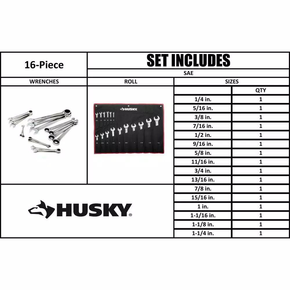 Husky 16-Piece SAE Ratcheting Wrench Set, 12-Point Alloy Steel