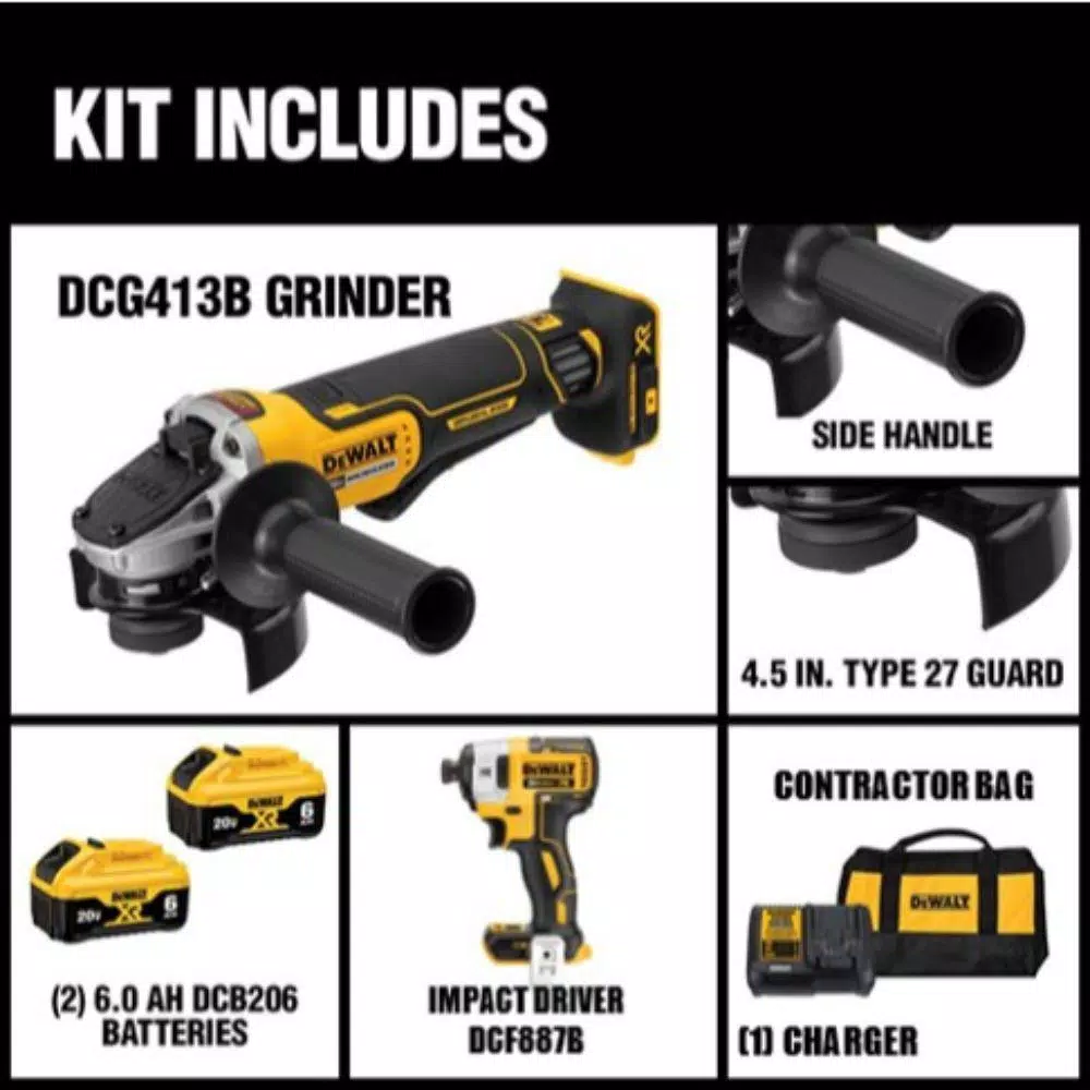 DEWALT 20V MAX XR Cordless Brushless 4-1/2 in. Small Angle Grinder Kit with (2) 6.0Ah Batteries & 1/4 in. Impact Driver