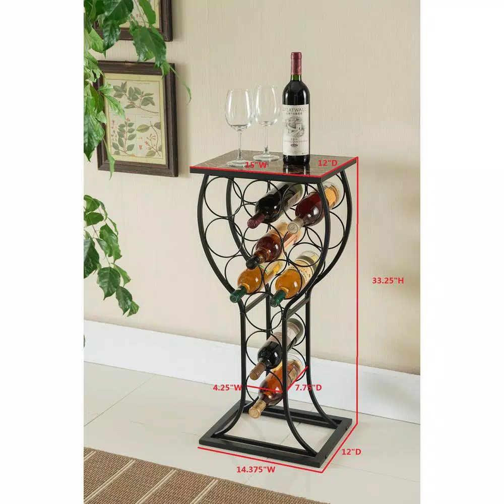 Kings Brand Furniture Kings 11-Bottle Black Metal Wine Rack with Marble Finish Top