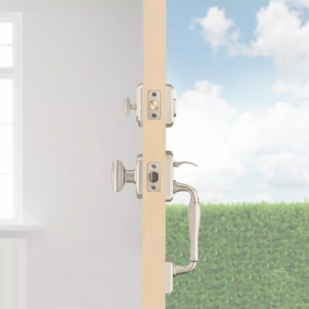 Baldwin Prestige Wesley Single Cylinder Satin Nickel Handleset with Arch Rose Carnaby Knob and SmartKey Security