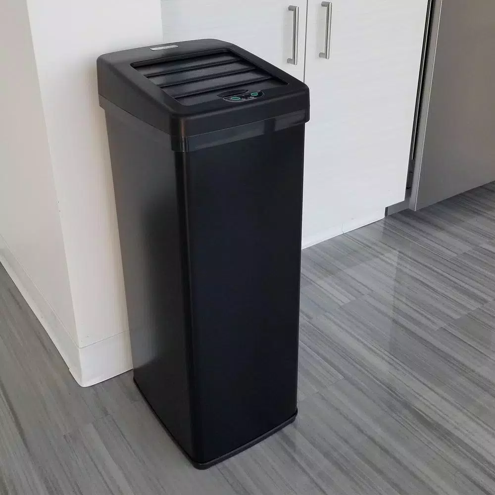 iTouchless 14 Gal. Stainless Steel Touchless Motion Sensing Trash Can with Space-Saving Sliding Lid - Black