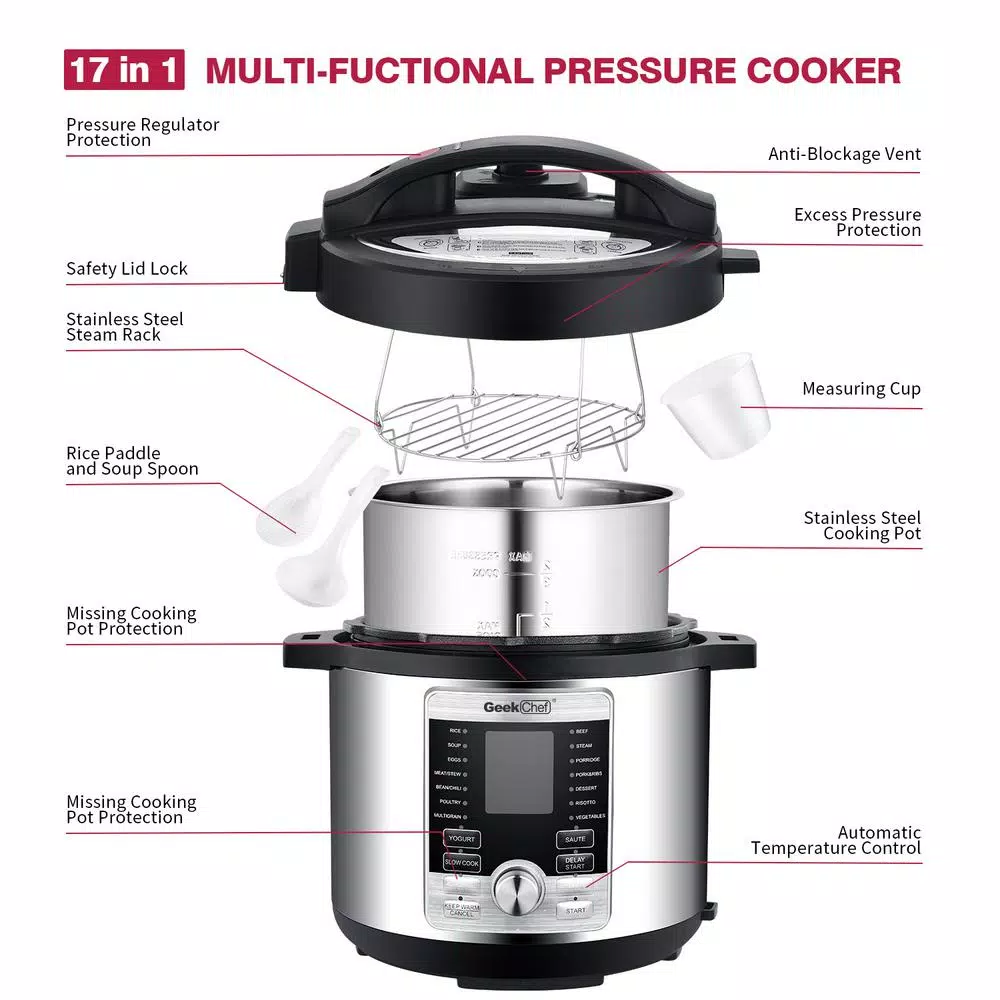 Geek Chef 6 Qt. Stainless Steel Electric Pressure Cooker, 17-in-1 Multi-Function Programmable Cooker