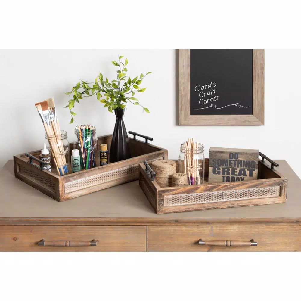 Kate and Laurel Bayport Brown Decorative Nested Wooden Tray Set of 2 - Farmhouse Style