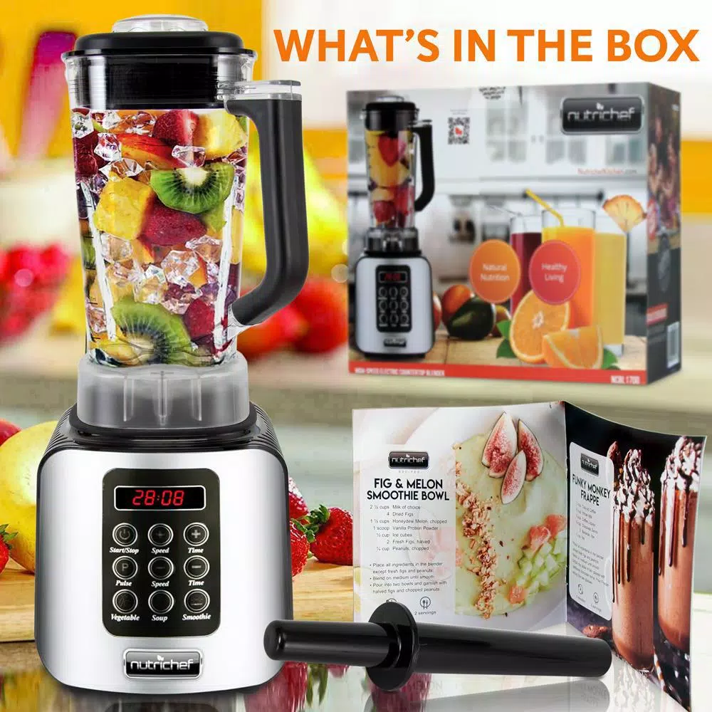 NutriChef 1700W High-Speed Digital Countertop Blender, 57 oz. 5-Speed Jar with Pulse and LCD Display, Black
