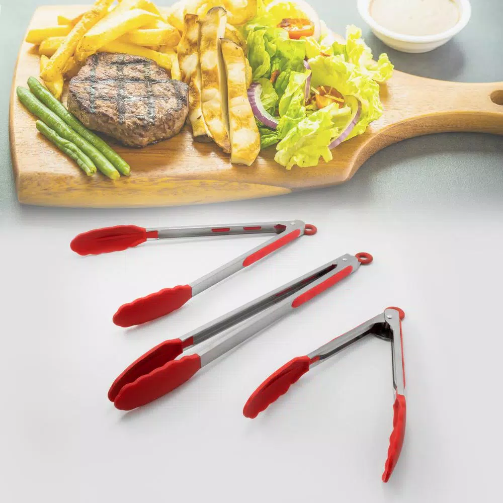 ExcelSteel 12 in. Stainless Steel Tongs with Red Silicone Tips, Stay-Cool Handle (Set of 2)