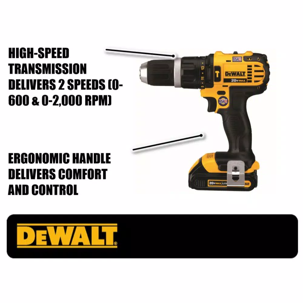 DEWALT 20V MAX Cordless 1/2 in. Compact Hammer Drill/Driver Kit with (2) 1.5 Ah Batteries, Charger & Bag