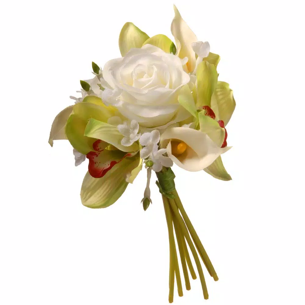National Tree Company 10.25 in. White Rose and Calla Lily Artificial Flower Bouquet