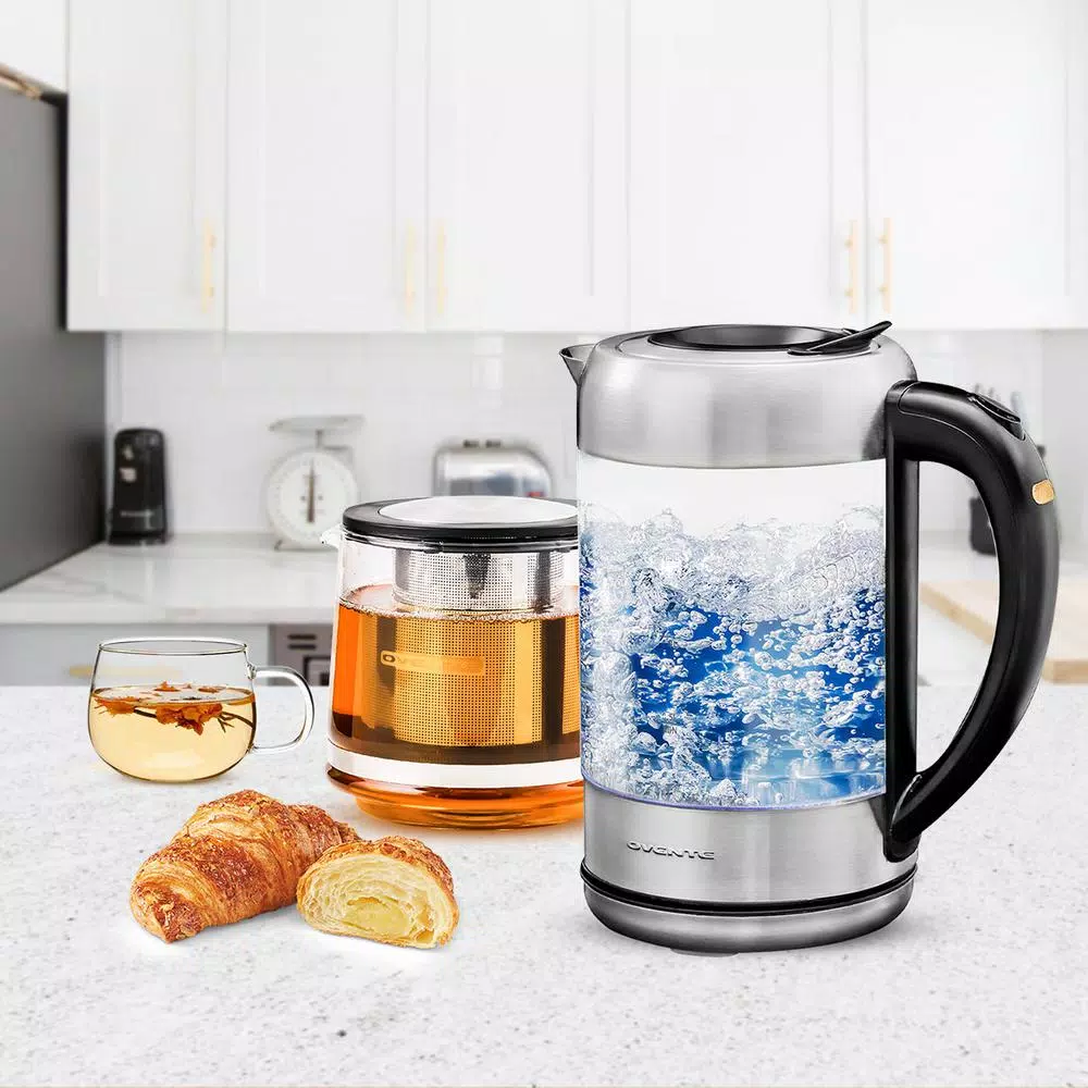 Ovente KG612S 1.7L Glass Electric Kettle with ProntoFill Technology and Reusable Teapot Infuser, Silver
