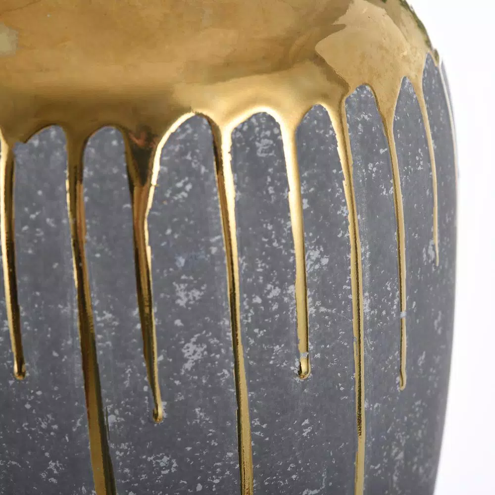 StyleCraft Marloe Charcoal and Gold Ceramic Table Vase, Contemporary Urn Style
