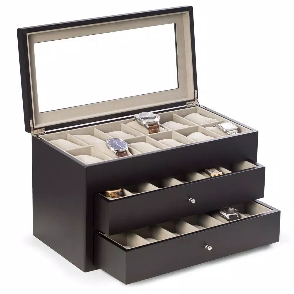 BEY-BERK Harvey 36-Watch Box - Matte Black Wood with Glass Top and 2 Drawers