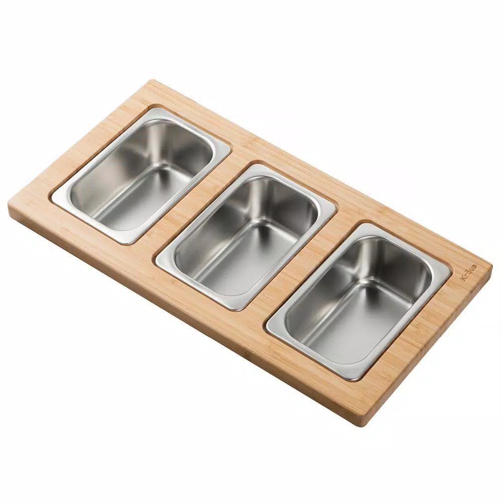 KRAUS Workstation Kitchen Sink Accessory Set: Bamboo Serving Board & 3 Stainless Steel Prep Bowls