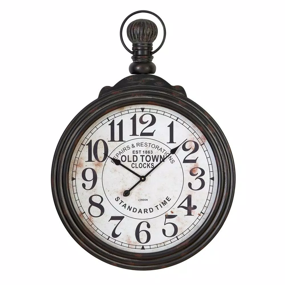 LITTON LANE 39 in. Vintage Wood Wall Clock with Ebony Finish and Distressed White Dial