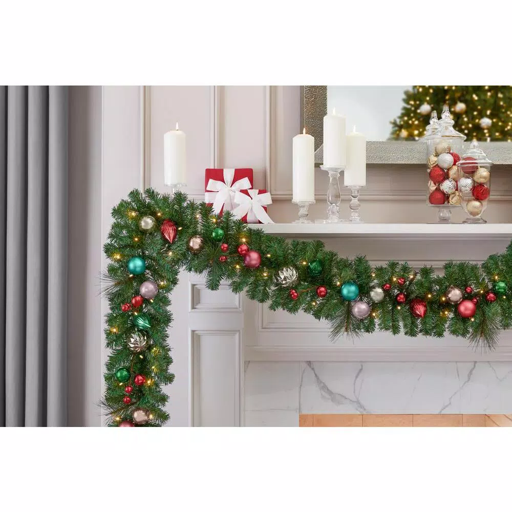 Home Accents Holiday 9 ft. Fantasleigh Pre-Lit LED Artificial Christmas Garland with Ornaments