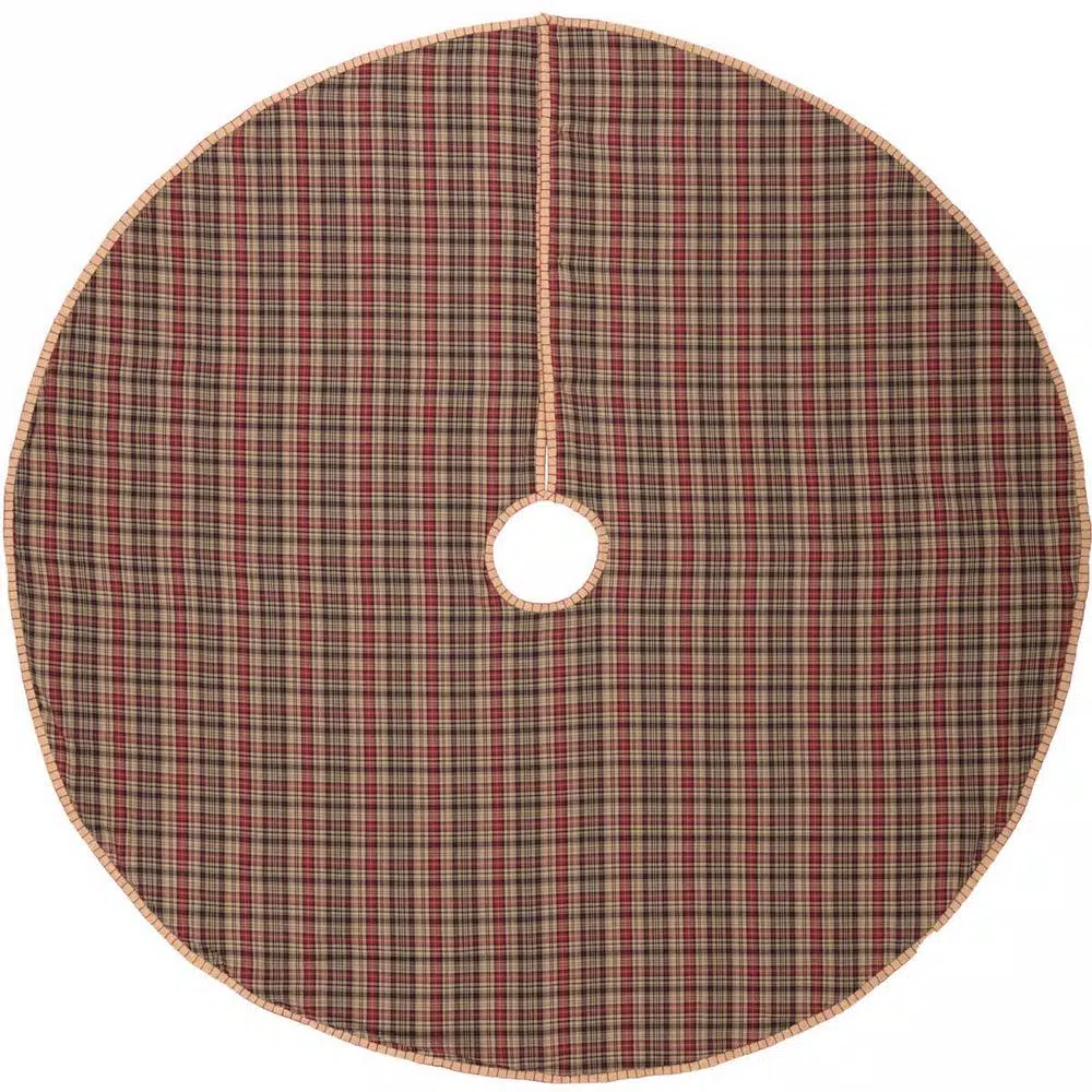 VHC Brands 55 in. Clement Natural Tan and Red Plaid Rustic Christmas Tree Skirt
