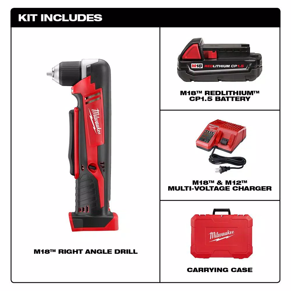 Milwaukee M18 18V Lithium-Ion Cordless 3/8 in. Right Angle Drill Kit with 1.5Ah Battery, Charger, and Hard Case