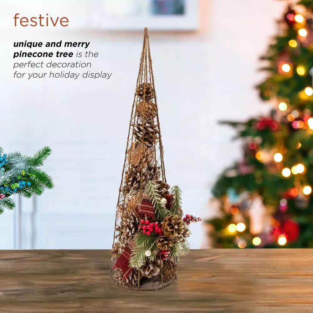 Alpine Corporation 20 in. Rustic Pinecone Christmas Tree Decor with Holly and Plaid Bow