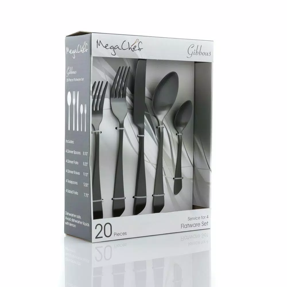 MegaChef Gibbous 20-Piece Black Stainless Steel Flatware Set, Service for 4