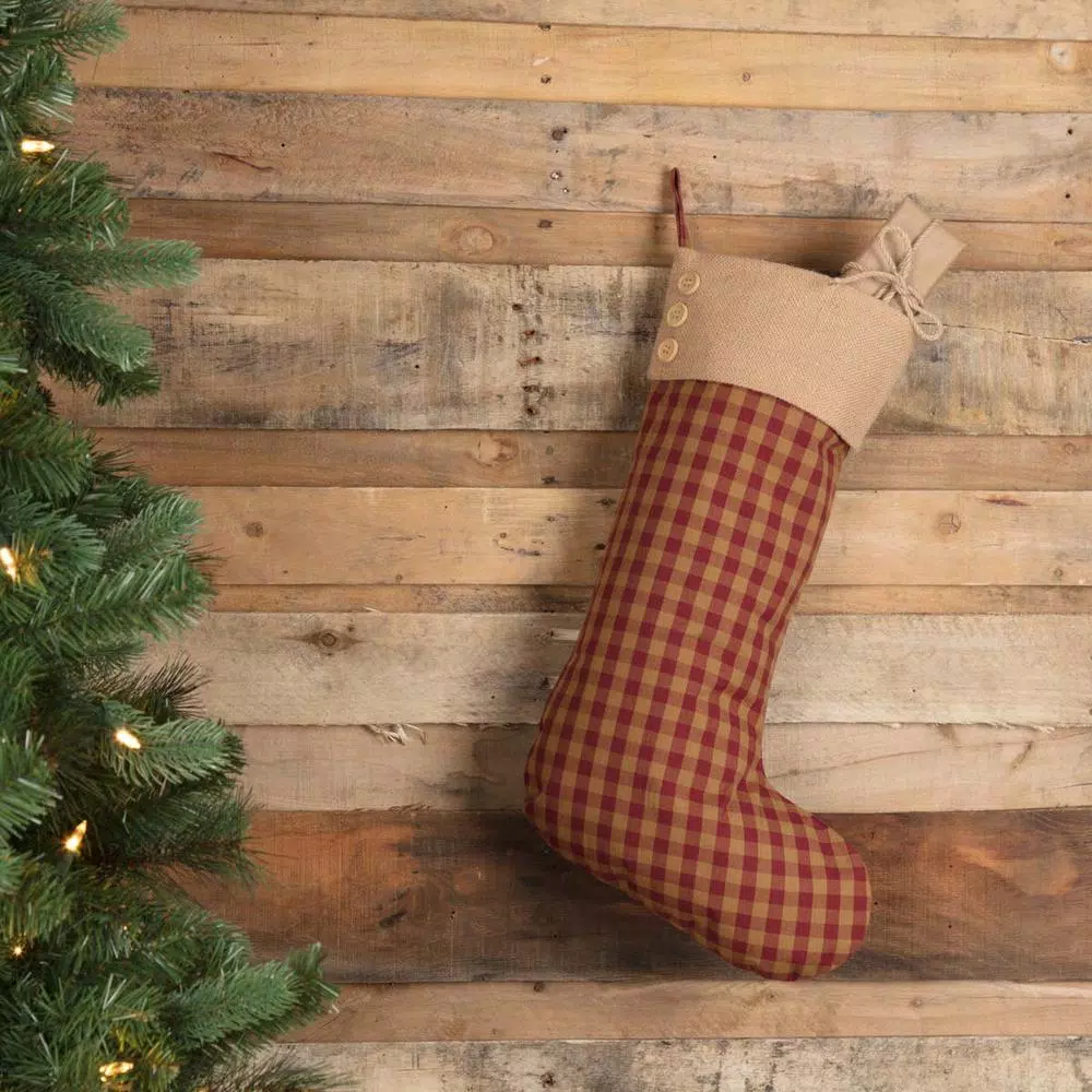 VHC Brands 20 in. Burgundy Check Primitive Christmas Button Stocking - Red and Tan Cotton/Jute Decor