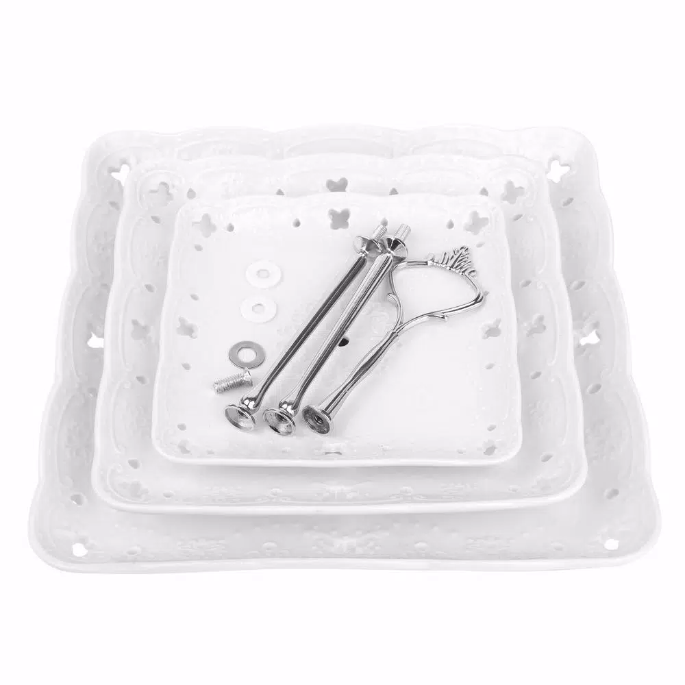 MALACASA 3-Tiered White Porcelain Square Cupcake Tower Stand - Elegant Dessert Serving Tray