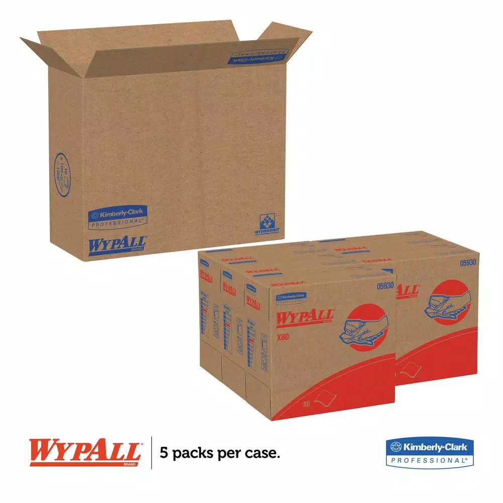 Kimberly-Clark PROFESSIONAL WypAll X80 Industrial Wipers, 9.1 x 16.8 in., 80 Count Red Pop-Up Box (5-Pack)