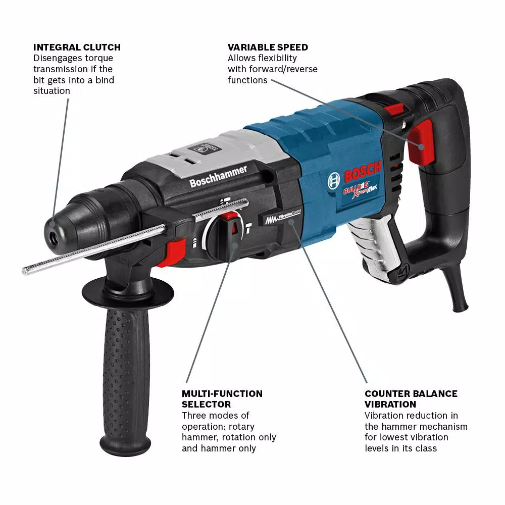 Bosch GBH2-28L Reconditioned 8.5A SDS-Plus Rotary Hammer Drill Kit with 6-Piece Bulldog Bit Set and Case
