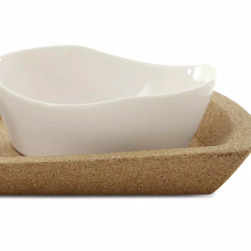 BergHOFF Eclipse 4-Piece Porcelain Snack Bowl Set with Cork Tray, White
