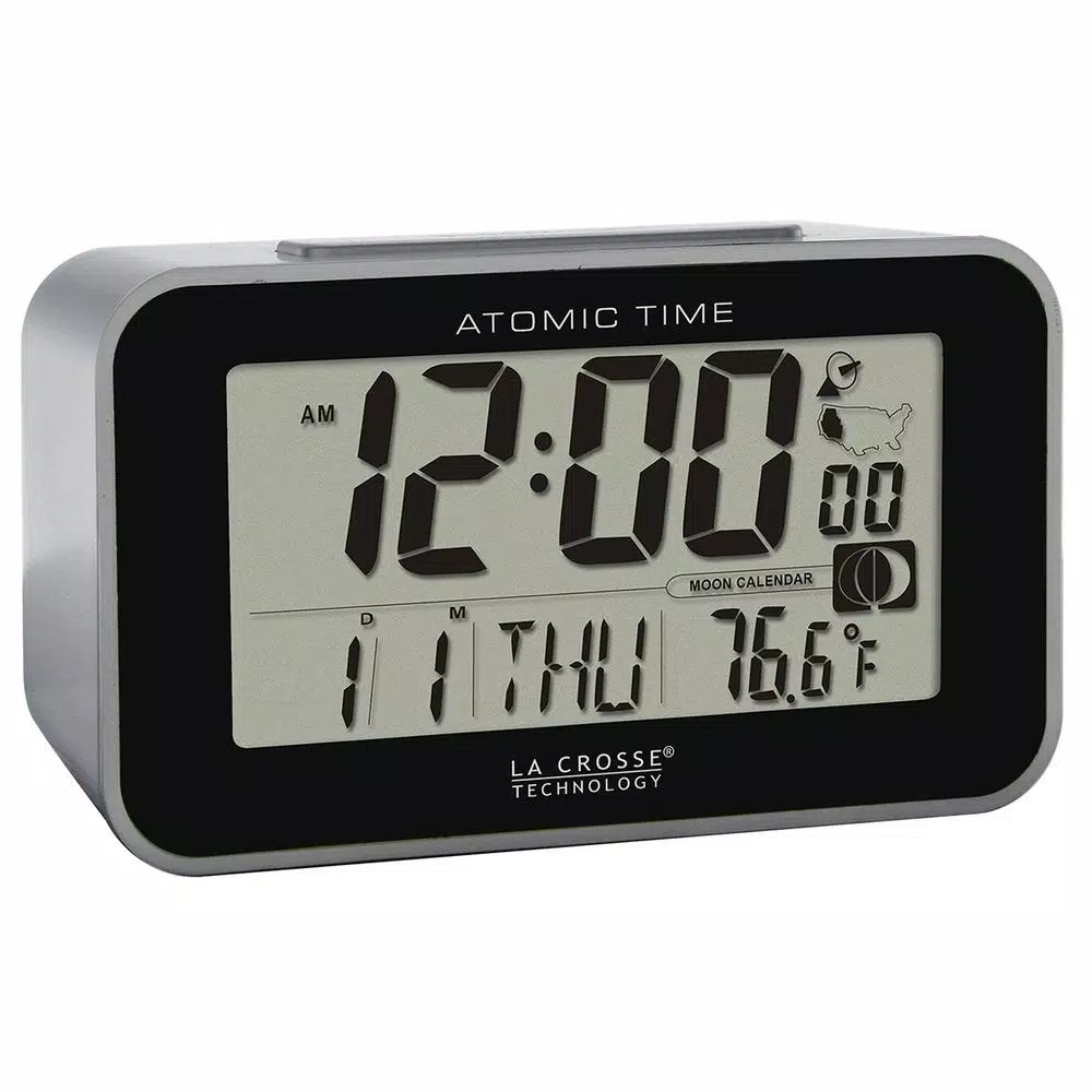 La Crosse Technology Atomic Digital Alarm Clock with Moon Phase & Temperature Display, Silver