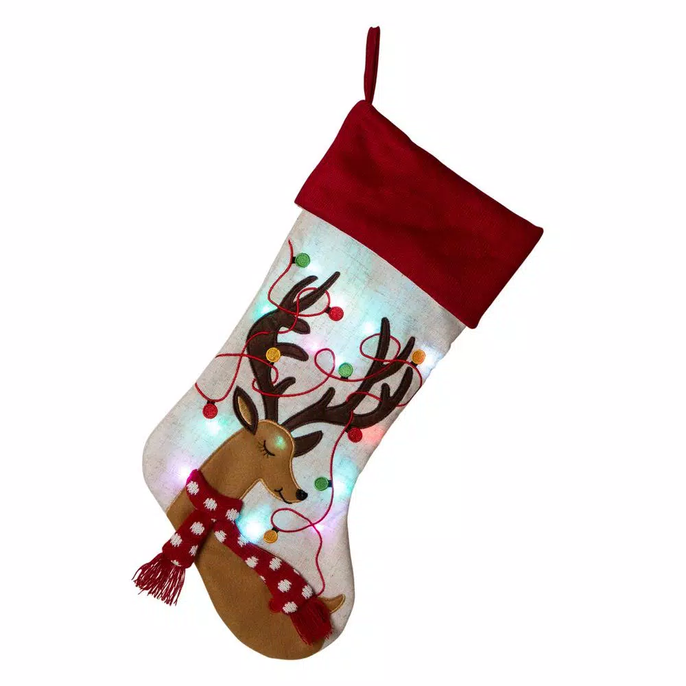 Glitzhome 21 in. LED Embroidered Polyester Linen Christmas Stockings, 2-Pack