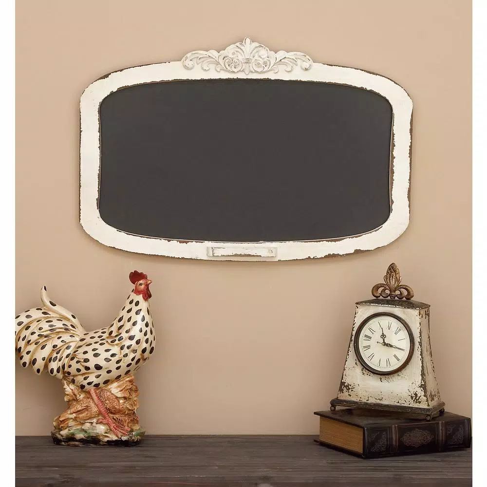 LITTON LANE Shabby Chic 28 in. Wooden Chalkboard Memo Board with Distressed Ivory Frame and Trinket Tray