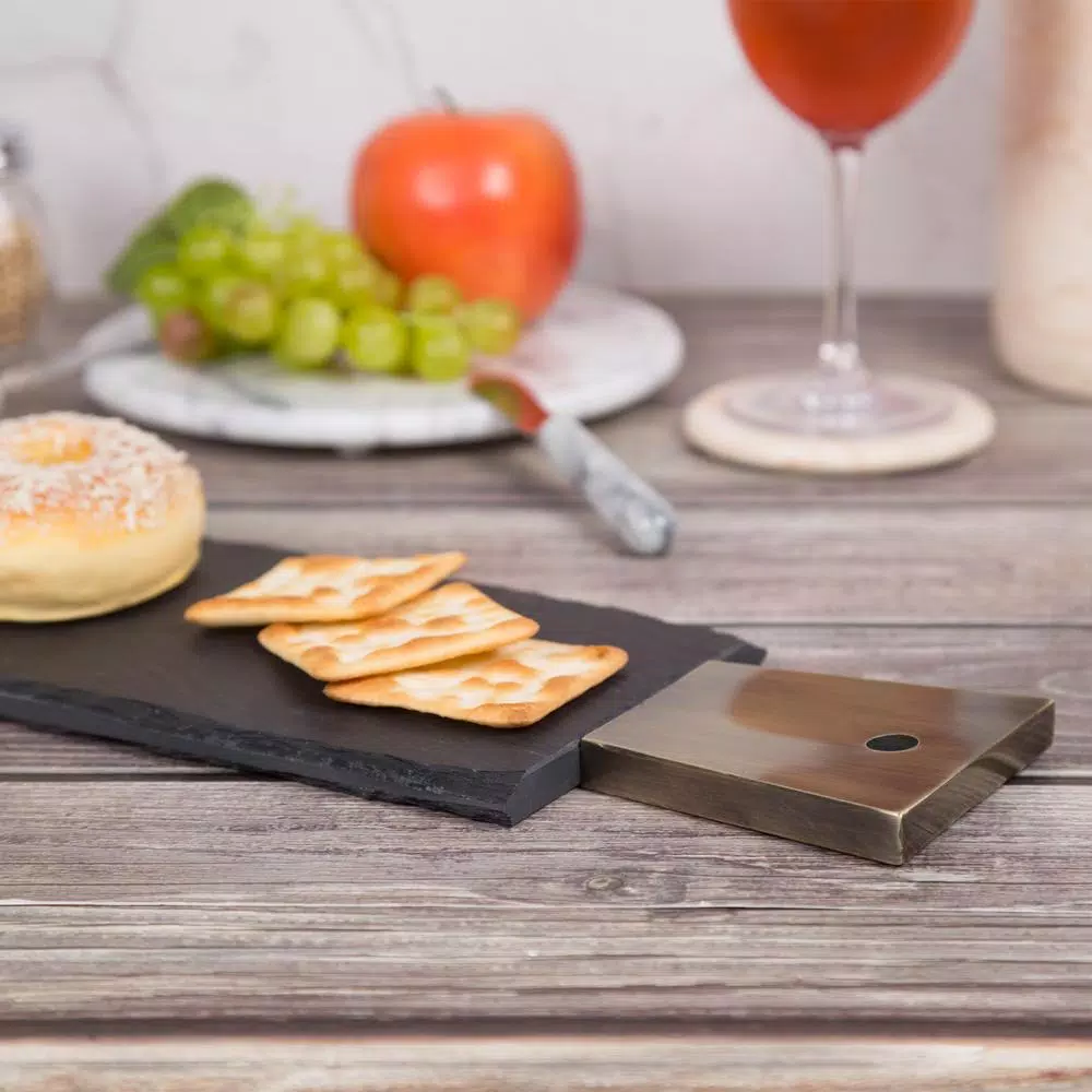 Creative Home Natural Black Slate Cheese Serving Board with Copper Trim Handle, 13 x 5 in.