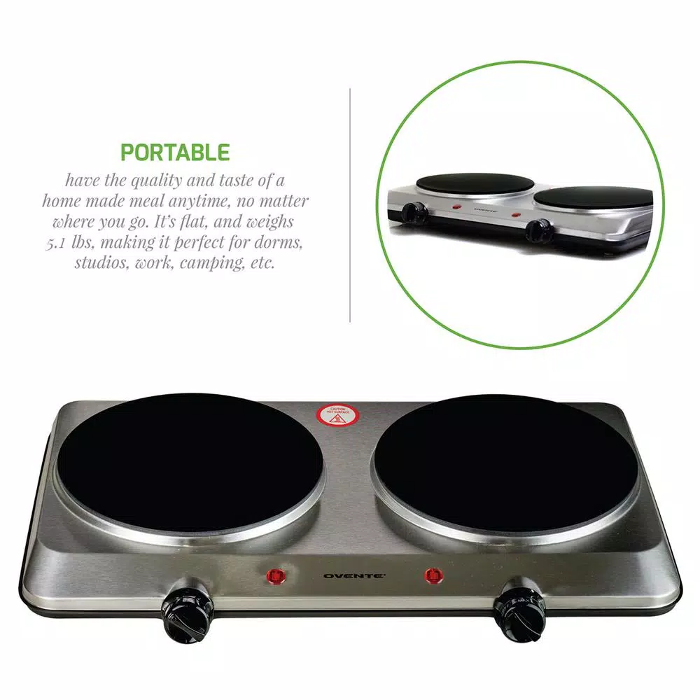 Ovente 1500W Double Burner Infrared Hot Plate, 7.5 in. Ceramic Glass Cooktop with Temperature Control